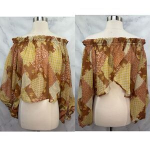 Vintage Y2k Crop Top sz M Balloon sleeve green puff Retro Patchwork off shoulder